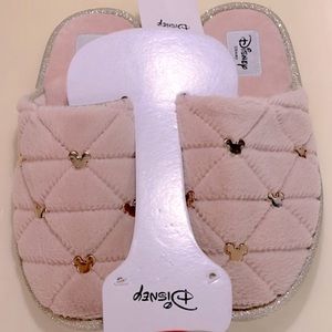 🆕 Disney Mickey Mouse Quilted Rose Gold Glitter Slippers w/Metallic Icon Charms